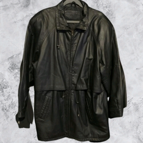 Vintage JACQUELINE FERRAR Genuine Black Leather Jacket Size XL Half Trench Coat - Picture 1 of 6